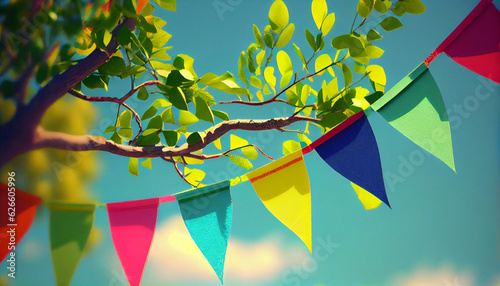 Bolorful pennant string decoration in green tree foliage on blue sky, summer party background, Ai generated image photo