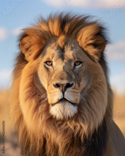 Majestic lion walking in savanna, sunset light, candid shot, vertical composition © 18042011