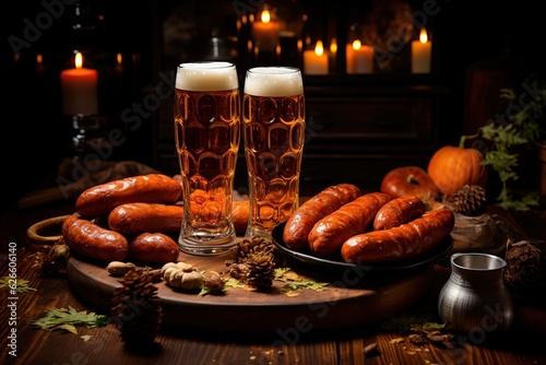 Experience the perfect beer and sausage pairing in this inviting image of two glasses of frothy beer accompanied by mouthwatering sausages on a rustic table. 