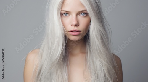 Photo of young beautiful woman with magnificent hair. fashion studio portrait