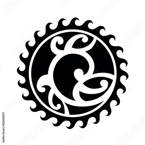 Maori tattoo style swirl round circle ornament. Fish hook. Bone matau. Hei matau. Black and white.