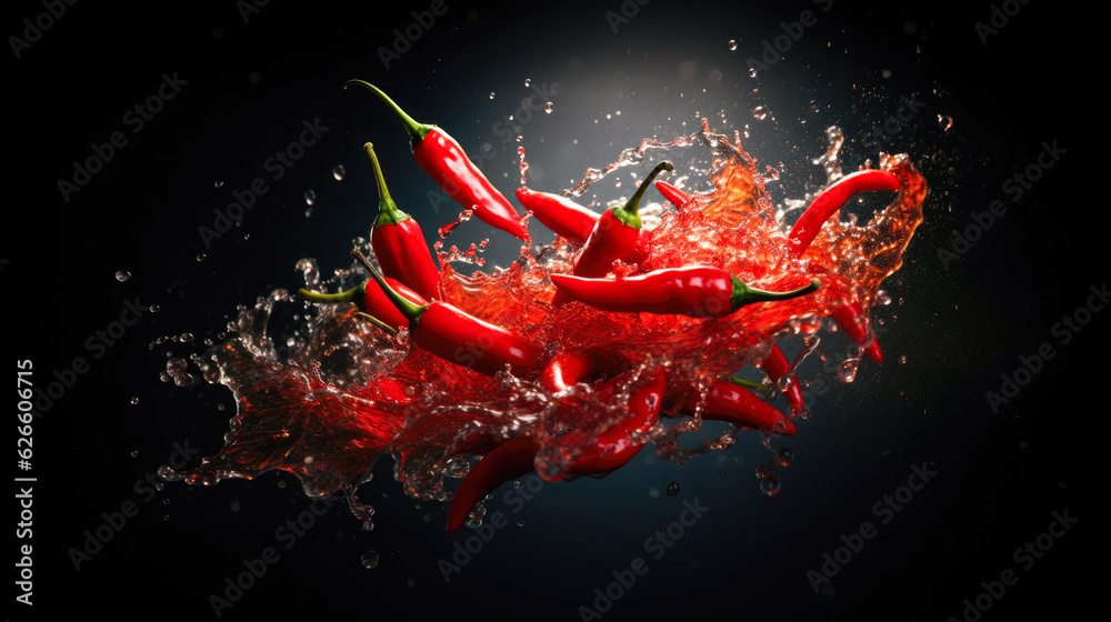 Fresh hot chili pepper in water splash. Few raw red peppers. Fresh hot chili pepper in water splash. Few raw red peppers.