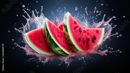 Fresh watermelon in water splash. Few raw juicy fruit.