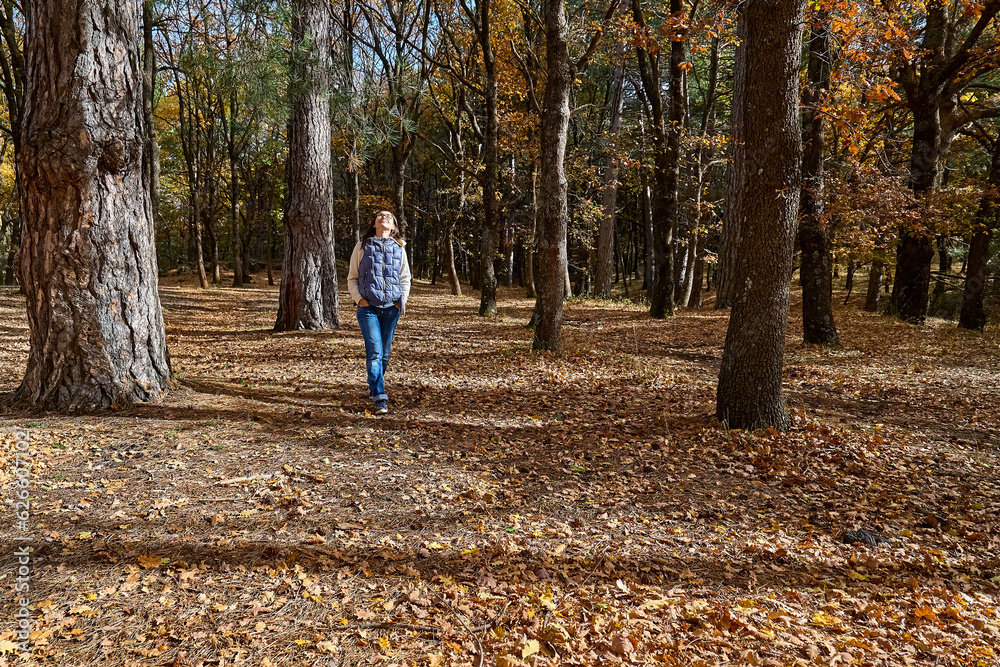 Middle aged woman walking in autumn forest. Spending time in fall nature for exercise and fitness for wellness and healthy lifestyle. Freedom and unity with nature. Middle aged woman walking in autumn forest. Spending time in fall nature for exercise and fitness for wellness and healthy lifestyle. Freedom and unity with nature.