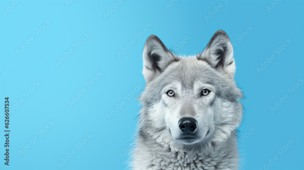 Advertising portrait, banner, gorgeous gray classic wolf looking straight ahaid, isolated on blue background