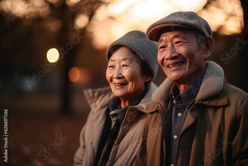 Senior asian couple enjoying good time outdoor