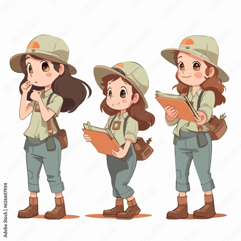 Archaeologist girl in adventure clothes, vector cartoon, curious child, multipose. Archaeologist girl in adventure clothes, vector cartoon, curious child, multipose.