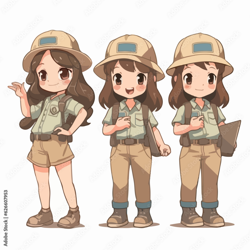 Naklejka premium Archaeologist kid with explorer outfit, vector pose, curious girl, cartoon style.