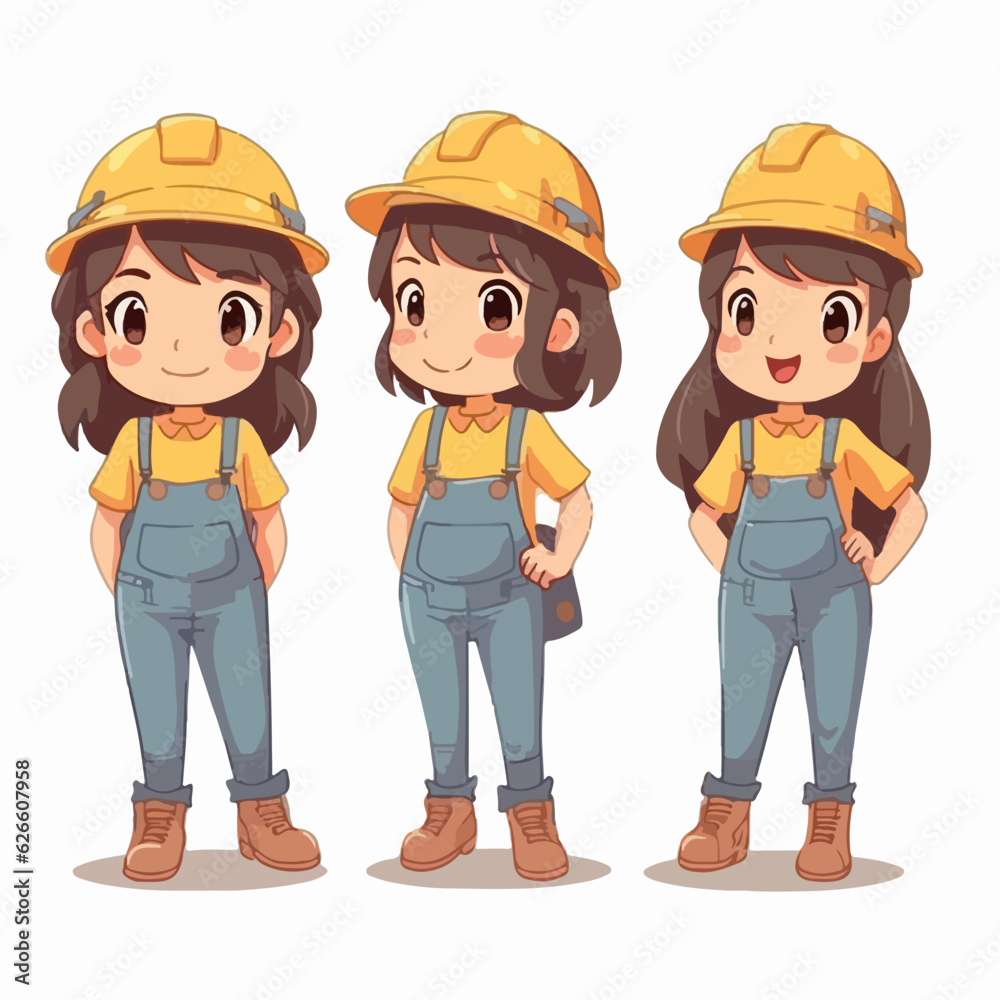 Builder girl with construction attire, vector pose, young kid, cartoon style.