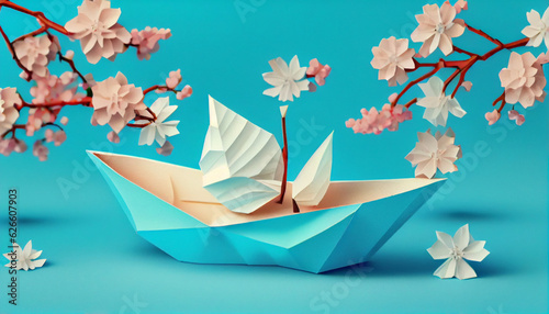 Cute close up origami paper boat on bright blue background. Springtime concept with cherry blossom branch. Horizontal spring banner Ai generated image