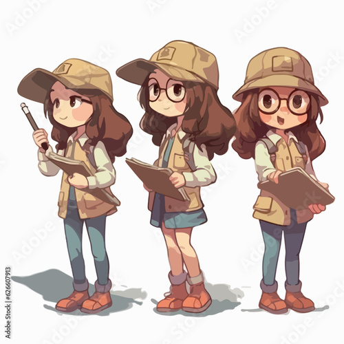 Archaeologist kid in explorer outfit, cartoon illustration, curious girl, vector pose.