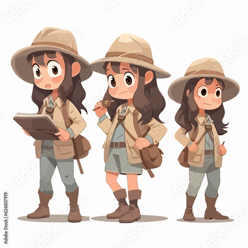 Vector of an archaeologist girl, dressed for excavation, curious kid, cartoon style.
