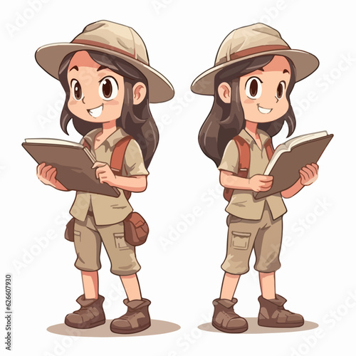 Archaeologist girl with inquisitive attire, vector pose, curious kid, cartoon style.
