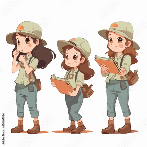 Archaeologist girl in adventure clothes, vector cartoon, curious child, multipose.