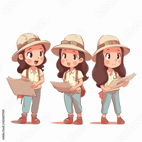 Cartoon girl dressed as an archaeologist, vector pose, adventurous kid, cartoon style.