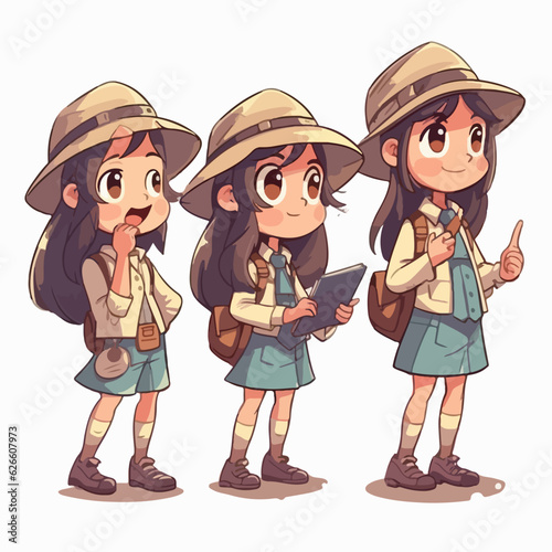 Girl in archaeological attire, cartoon illustration, vector pose, adventurous child.