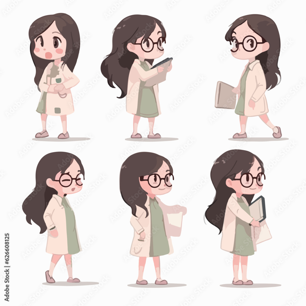 Doctor kid with medical outfit, vector pose, young girl, cartoon style. Doctor kid with medical outfit, vector pose, young girl, cartoon style.