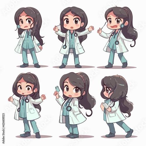 Doctor kid wearing medical gear, vector cartoon, little girl, multipose.