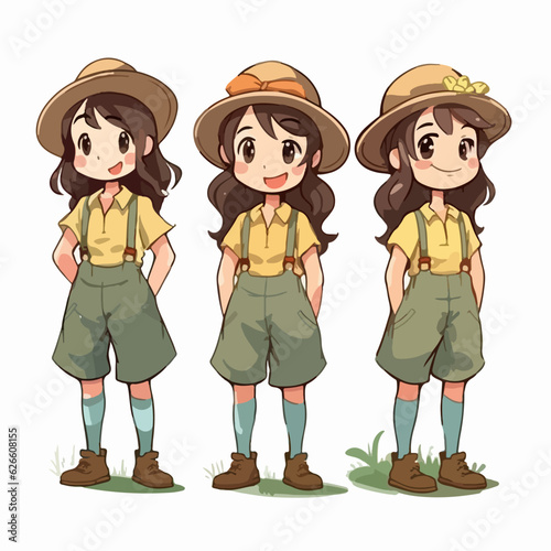 Vector illustration of a young farmer girl, dressed for farming, cartoon pose.
