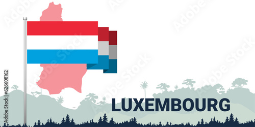 Stunning vector design: Country flag, map, name, and lush forest backdrop. Perfect for showcasing national pride and heritage.