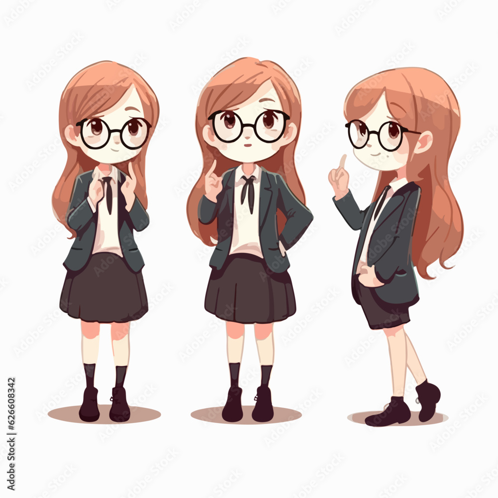 Lawyer kid in lawyer's clothes, cartoon illustration, young girl, multipose.