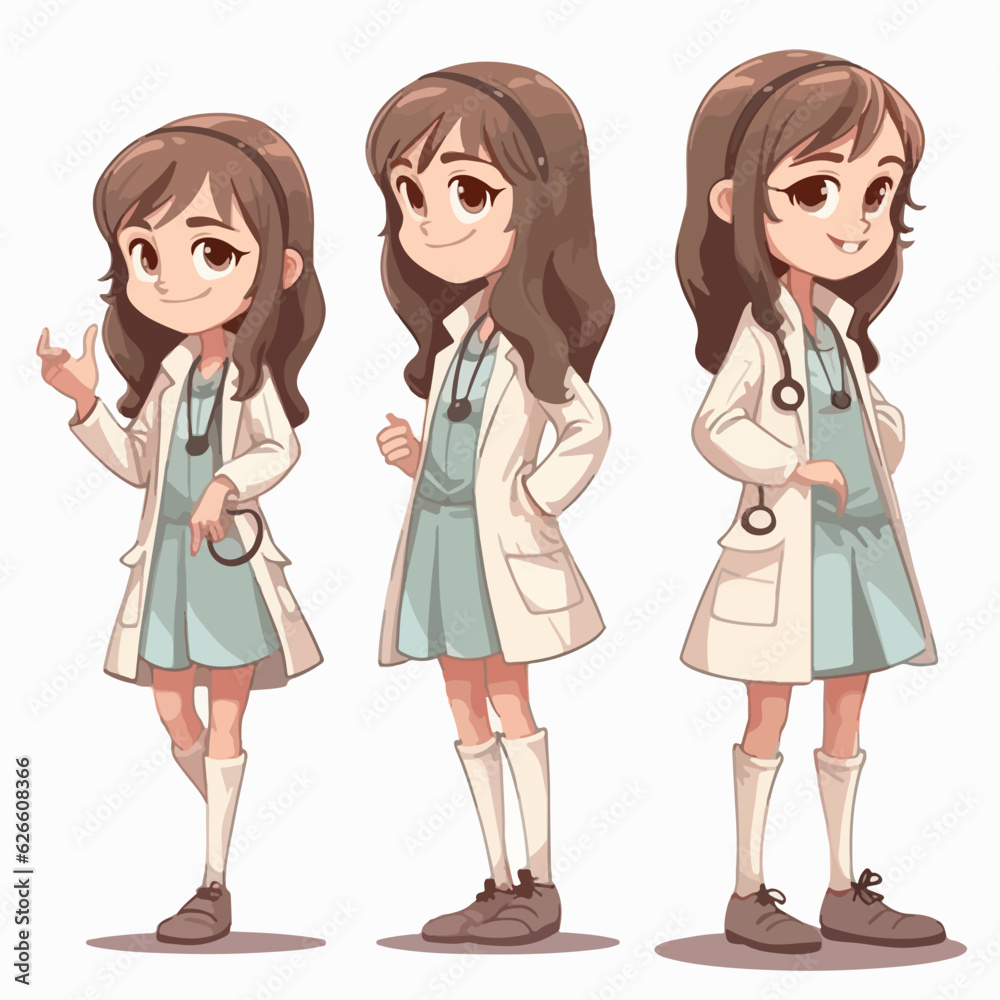 Girl in doctor attire, cartoon illustration, vector pose, young child. Girl in doctor attire, cartoon illustration, vector pose, young child.