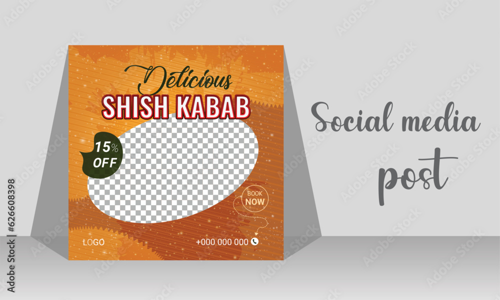 Fototapeta premium Food social media banner design template, food and restaurant promotion simple square social media post banner, online sale promotion flyer or poster, shish kabab, 
