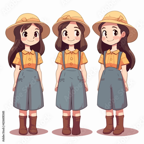 Farmer kid in agricultural clothes, cartoon illustration, young girl, vector pose.