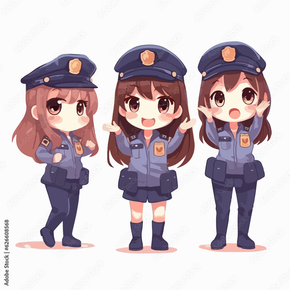 Police girl with uniform, vector pose, little child, cartoon illustration.