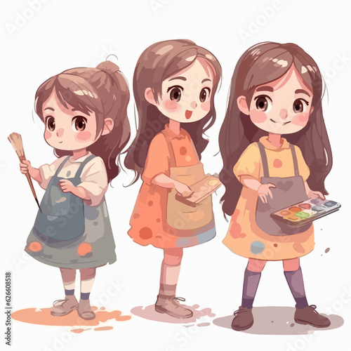 Vector of a girl painter, dressed for painting, young kid, cartoon style.