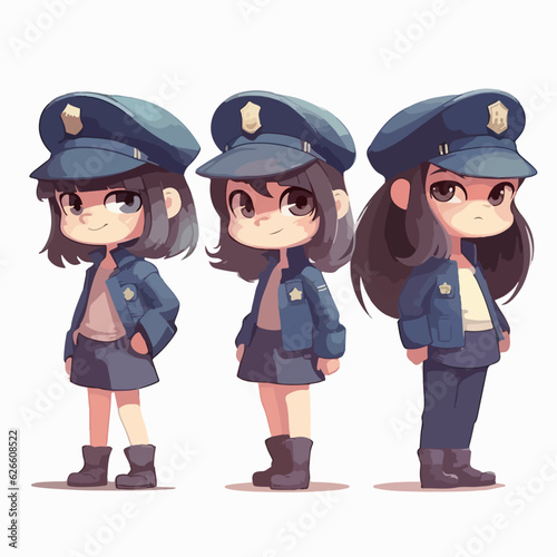 Vector illustration of a young police girl, dressed for duty, cartoon pose.