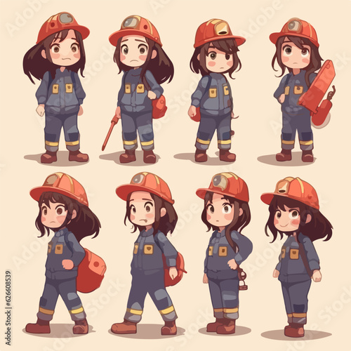 Firefighter kid in fireproof clothes, cartoon illustration, young girl, multipose.