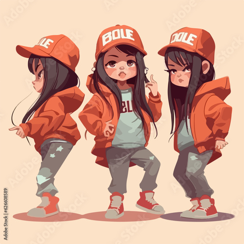 Rapper girl with hip outfit, vector pose, little child, cartoon illustration.