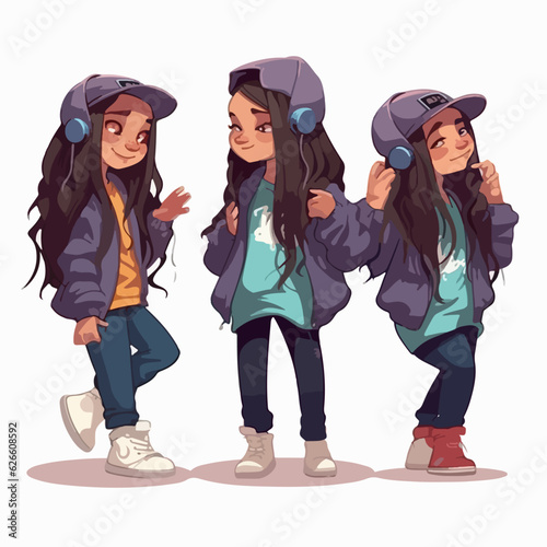 Rapper kid in rapper's clothes, vector pose, young girl, multipose.