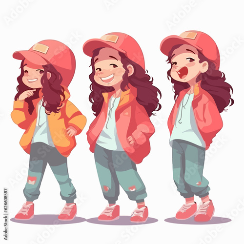 Girl rapper dressed in trendy gear, vector cartoon, young child, cartoon style.