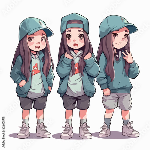 Rapper kid in rapper's clothes, cartoon illustration, young girl, multipose.