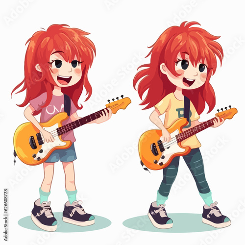 Rockstar kid in rockstar's clothes, vector pose, young girl, multipose.