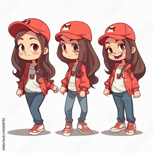 Cartoon of a girl in trendy clothes, vector illustration, little child, pose.