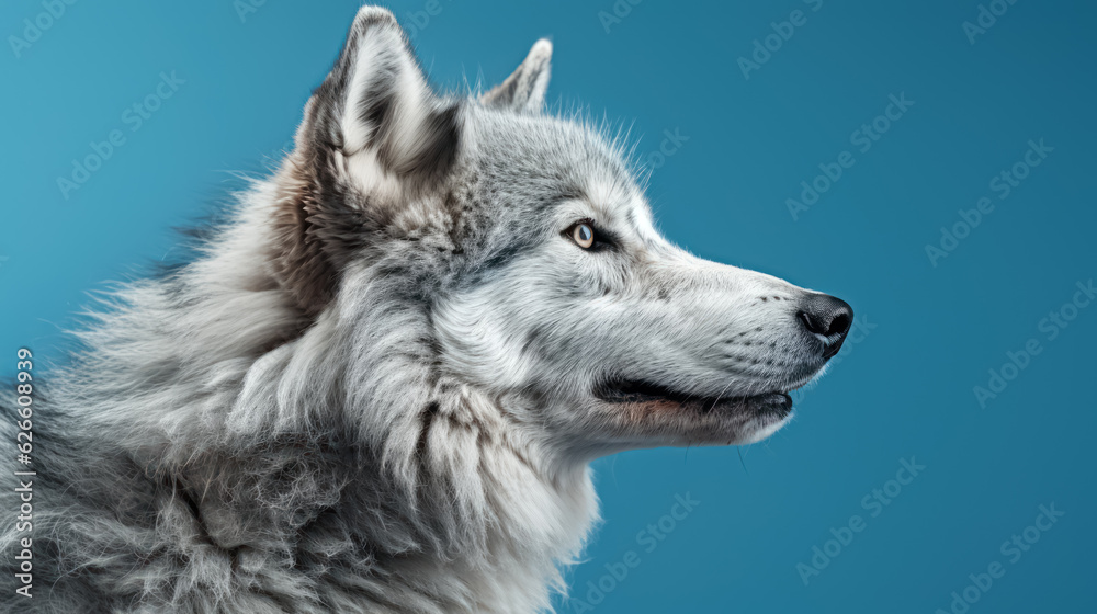 Obraz premium Advertising portrait, banner, gorgeous gray classic wolf looking away, isolated on blue background