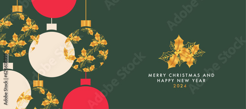 Merry Christmas and Happy New Year banner, greeting card, poster, holiday cover, header. Modern Xmas design. Gold colored fruit pattern balls and red balls. dark green color background.