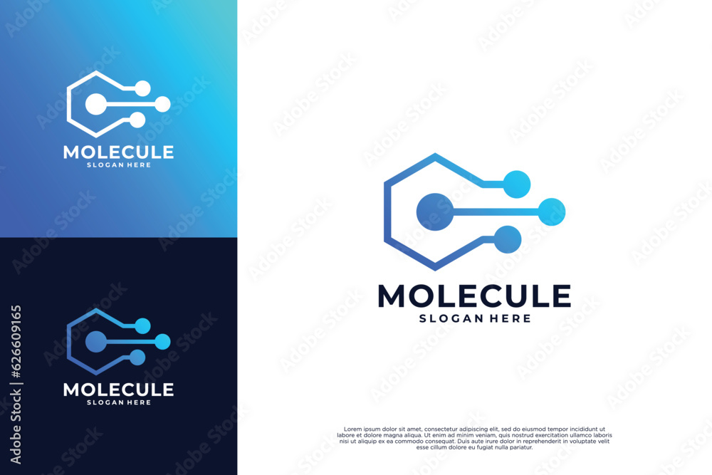 Naklejka premium Abstract molecule connection logo design. Nanotechnology logo for Scientific laboratory
