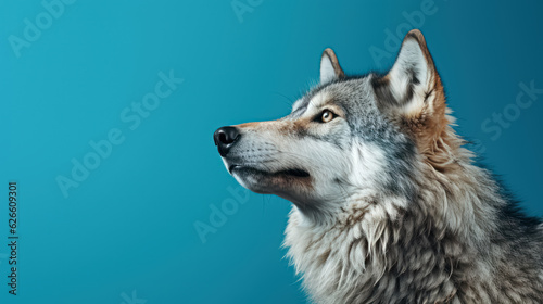 Advertising portrait, banner, gorgeous gray classic wolf looking up , isolated on blue background