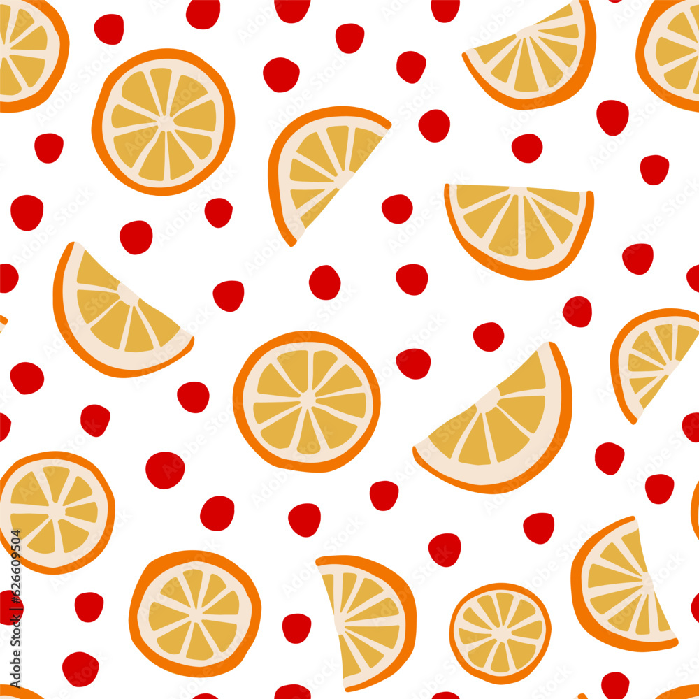 Orange fruit and dots seamless pattern. Christmas season simple vector background in red and orange colors. Dried orange slices repeat pattern.