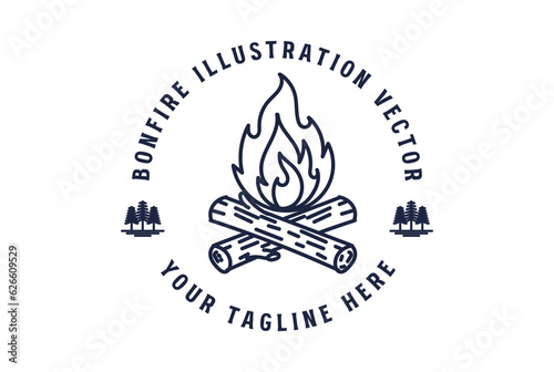 Retro Bonfire Campfire or Wood Fire Flame for Outdoor Adventure Illustration