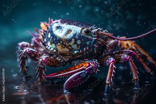 Artistic depiction of a decapod crustacean in a colorful aqueous medium. Generative AI photo