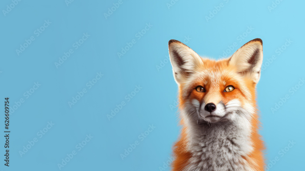 Fototapeta premium Advertising portrait, banner, beautiful fox with redhead fur, isolated on blue background