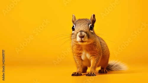 Advertising portrait  banner  redhead squirrel looks at the camera in surprise  isolated on yellow background