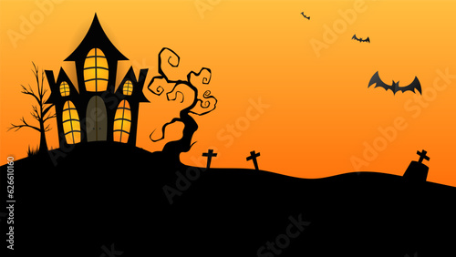 Abandoned castle on Halloween night with bats, for content online or web, banner and template , Flat cartoon flat style. illustration Vector EPS 10