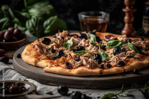 Tasty Pizza with Vegetables, Olives and Tuna with a rustic Background, Delicious Italian Dinner Plate - Generative Ai