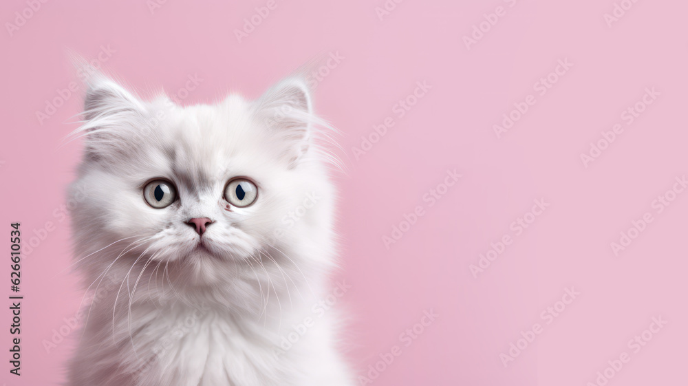 Advertising portrait, banner, funny young kitty white color, yellow eyes, fluffy wool, straight look, isolated on pink background